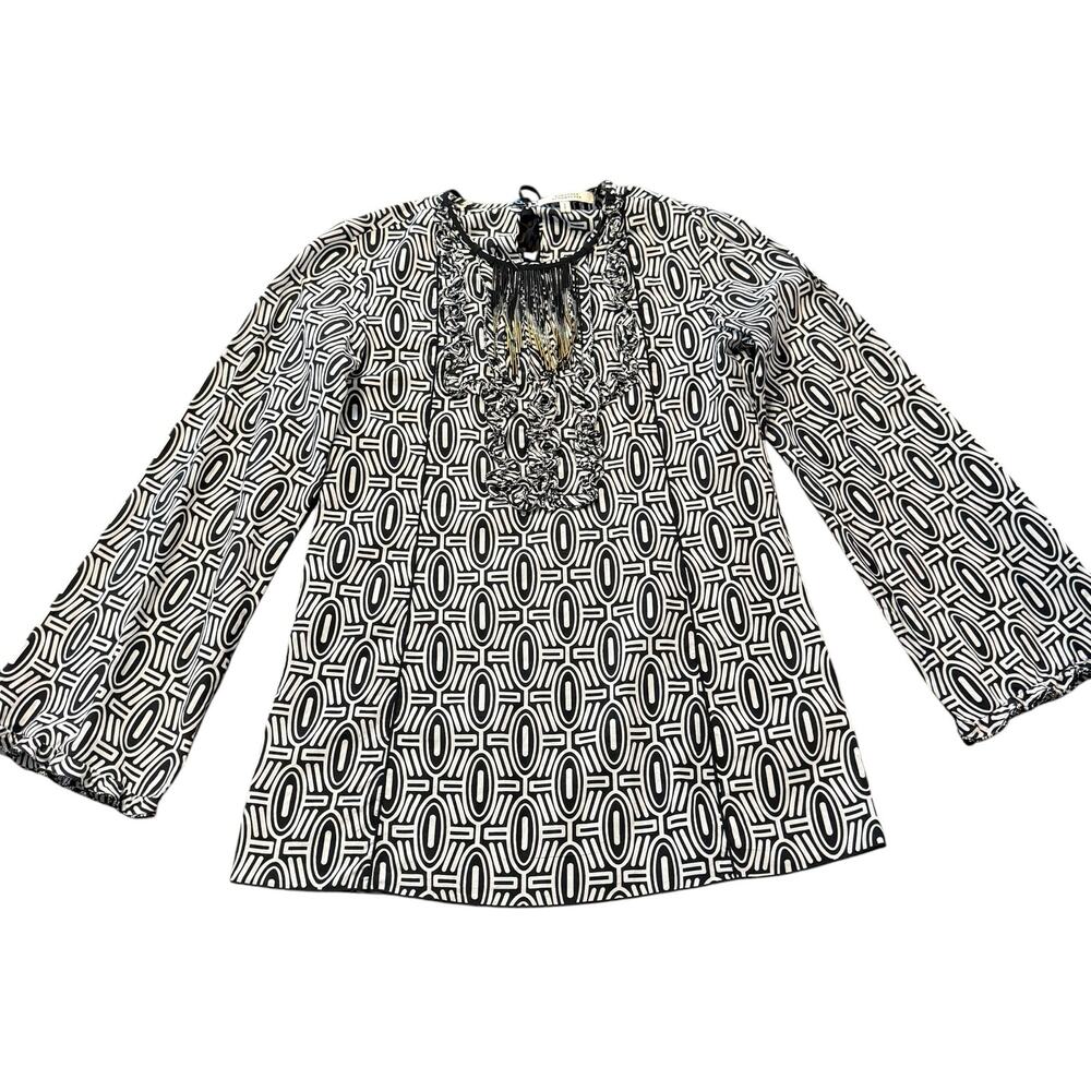 Dorothee Schumacher Ladies blouse, black white tribal geometric, beaded neck, 1